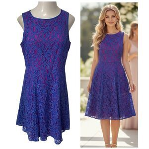 Adrianna Papell Dress Womens Sz 14 Blue Pink Illusion Lace Church Date Elegant